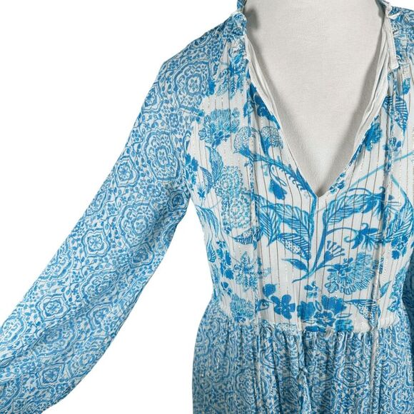 Hemant & Nandita Kaiyo Blue Floral Mini Dress Tassel Ties Boho Peasant Size XS - Picture 12 of 12